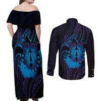 Kia Orana Kuki Airani Couples Matching Off Shoulder Maxi Dress and Long Sleeve Button Shirt Cook Islands Tangaroa God Tatau Purple LT14 - Polynesian Pride