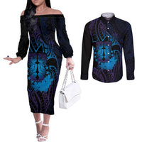 Kia Orana Kuki Airani Couples Matching Off The Shoulder Long Sleeve Dress and Long Sleeve Button Shirt Cook Islands Tangaroa God Tatau Purple LT14 Purple - Polynesian Pride