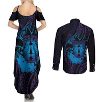 Kia Orana Kuki Airani Couples Matching Summer Maxi Dress and Long Sleeve Button Shirt Cook Islands Tangaroa God Tatau Purple LT14 - Polynesian Pride