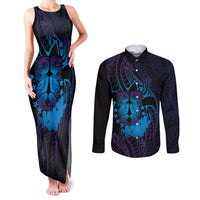 Kia Orana Kuki Airani Couples Matching Tank Maxi Dress and Long Sleeve Button Shirt Cook Islands Tangaroa God Tatau Purple LT14 Purple - Polynesian Pride