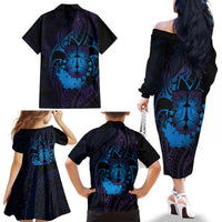 Kia Orana Kuki Airani Family Matching Off The Shoulder Long Sleeve Dress and Hawaiian Shirt Cook Islands Tangaroa God Tatau Purple LT14 - Polynesian Pride