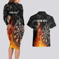 Personalised Aotearoa Darts Couples Matching Long Sleeve Bodycon Dress and Hawaiian Shirt Maori Koru Flaming Dartboard LT14 - Polynesian Pride