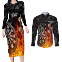 Personalised Aotearoa Darts Couples Matching Long Sleeve Bodycon Dress and Long Sleeve Button Shirt Maori Koru Flaming Dartboard