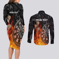 Personalised Aotearoa Darts Couples Matching Long Sleeve Bodycon Dress and Long Sleeve Button Shirt Maori Koru Flaming Dartboard