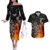 Personalised Aotearoa Darts Couples Matching Off The Shoulder Long Sleeve Dress and Hawaiian Shirt Maori Koru Flaming Dartboard LT14 Black - Polynesian Pride