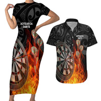 Personalised Aotearoa Darts Couples Matching Short Sleeve Bodycon Dress and Hawaiian Shirt Maori Koru Flaming Dartboard LT14 Black - Polynesian Pride