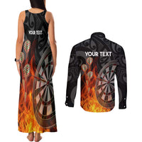 Personalised Aotearoa Darts Couples Matching Tank Maxi Dress and Long Sleeve Button Shirt Maori Koru Flaming Dartboard