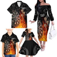 Personalised Aotearoa Darts Family Matching Off The Shoulder Long Sleeve Dress and Hawaiian Shirt Maori Koru Flaming Dartboard LT14 - Polynesian Pride