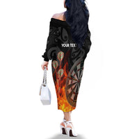 Personalised Aotearoa Darts Family Matching Off The Shoulder Long Sleeve Dress and Hawaiian Shirt Maori Koru Flaming Dartboard LT14 - Polynesian Pride