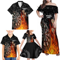Personalised Aotearoa Darts Family Matching Off Shoulder Maxi Dress and Hawaiian Shirt Maori Koru Flaming Dartboard LT14 - Polynesian Pride