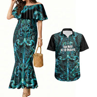 Maori Language Week Personalised Couples Matching Mermaid Dress and Hawaiian Shirt Kia Mau Ki To Ukaipo Paua Shell Color LT14 Turquoise - Polynesian Pride