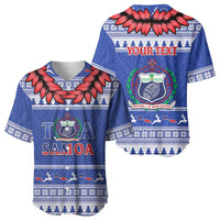 Personalised Toa Samoa Rugby Christmas Baseball Jersey Ula Fala Samoan Pattern Blue - Polynesian Pride