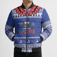 Personalised Toa Samoa Rugby Christmas Bomber Puffer Jacket Ula Fala Samoan Pattern Blue - Polynesian Pride