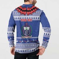 Personalised Toa Samoa Rugby Christmas Button Sweatshirt Ula Fala Samoan Pattern Blue - undefined