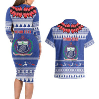 Personalised Toa Samoa Rugby Christmas Couples Matching Long Sleeve Bodycon Dress and Hawaiian Shirt Ula Fala Samoan Pattern Blue - Polynesian Pride