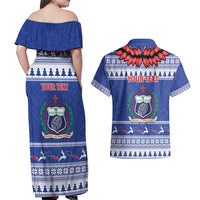 Personalised Toa Samoa Rugby Christmas Couples Matching Off Shoulder Maxi Dress and Hawaiian Shirt Ula Fala Samoan Pattern Blue - Polynesian Pride