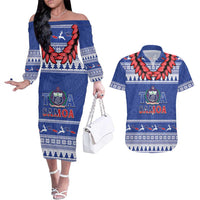 Personalised Toa Samoa Rugby Christmas Couples Matching Off The Shoulder Long Sleeve Dress and Hawaiian Shirt Ula Fala Samoan Pattern Blue - Polynesian Pride