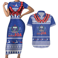 Personalised Toa Samoa Rugby Christmas Couples Matching Short Sleeve Bodycon Dress and Hawaiian Shirt Ula Fala Samoan Pattern Blue - Polynesian Pride