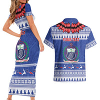Personalised Toa Samoa Rugby Christmas Couples Matching Short Sleeve Bodycon Dress and Hawaiian Shirt Ula Fala Samoan Pattern Blue - Polynesian Pride