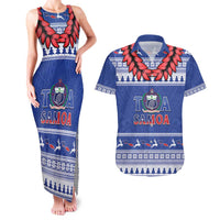 Personalised Toa Samoa Rugby Christmas Couples Matching Tank Maxi Dress and Hawaiian Shirt Ula Fala Samoan Pattern Blue - Polynesian Pride