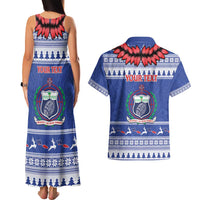 Personalised Toa Samoa Rugby Christmas Couples Matching Tank Maxi Dress and Hawaiian Shirt Ula Fala Samoan Pattern Blue - Polynesian Pride