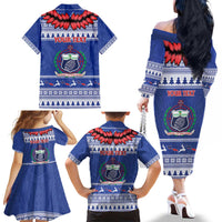 Personalised Toa Samoa Rugby Christmas Family Matching Off The Shoulder Long Sleeve Dress and Hawaiian Shirt Ula Fala Samoan Pattern Blue - Polynesian Pride