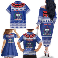 Personalised Toa Samoa Rugby Christmas Family Matching Off The Shoulder Long Sleeve Dress and Hawaiian Shirt Ula Fala Samoan Pattern Blue LT14 - Polynesian Pride