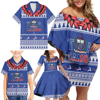 Personalised Toa Samoa Rugby Christmas Family Matching Off Shoulder Short Dress and Hawaiian Shirt Ula Fala Samoan Pattern Blue - Polynesian Pride
