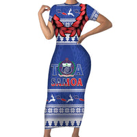 Personalised Toa Samoa Rugby Christmas Family Matching Short Sleeve Bodycon Dress and Hawaiian Shirt Ula Fala Samoan Pattern Blue LT14 Mom's Dress Blue - Polynesian Pride