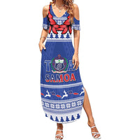 Personalised Toa Samoa Rugby Christmas Family Matching Summer Maxi Dress and Hawaiian Shirt Ula Fala Samoan Pattern Blue - Polynesian Pride