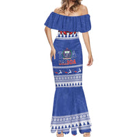 Personalised Toa Samoa Rugby Christmas Mermaid Dress Ula Fala Samoan Pattern Blue - Polynesian Pride
