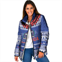 Personalised Toa Samoa Rugby Christmas Padded Jacket Ula Fala Samoan Pattern Blue - Polynesian Pride