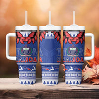Toa Samoa Rugby Christmas Tumbler With Handle Ula Fala Samoan Pattern Blue - Polynesian Pride