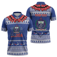 Personalised Toa Samoa Rugby Christmas Zipper Polo Shirt Ula Fala Samoan Pattern Blue - Polynesian Pride