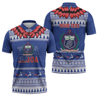 Personalised Toa Samoa Rugby Christmas Zipper Polo Shirt Ula Fala Samoan Pattern Blue - Polynesian Pride