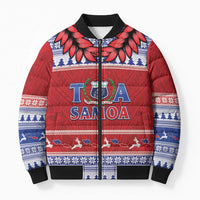 Personalised Toa Samoa Rugby Christmas Bomber Puffer Jacket Ula Fala Samoan Pattern Red - Polynesian Pride