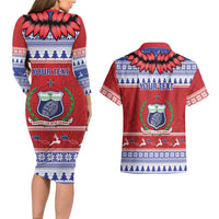 Personalised Toa Samoa Rugby Christmas Couples Matching Long Sleeve Bodycon Dress and Hawaiian Shirt Ula Fala Samoan Pattern Red - Polynesian Pride
