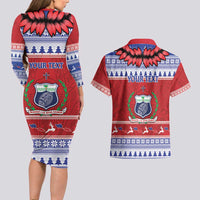 Personalised Toa Samoa Rugby Christmas Couples Matching Long Sleeve Bodycon Dress and Hawaiian Shirt Ula Fala Samoan Pattern Red - Polynesian Pride
