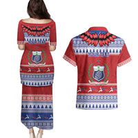 Personalised Toa Samoa Rugby Christmas Couples Matching Puletasi and Hawaiian Shirt Ula Fala Samoan Pattern Red - Polynesian Pride