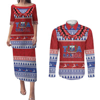 Personalised Toa Samoa Rugby Christmas Couples Matching Puletasi and Long Sleeve Button Shirt Ula Fala Samoan Pattern Red - Polynesian Pride