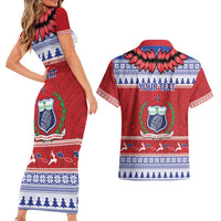 Personalised Toa Samoa Rugby Christmas Couples Matching Short Sleeve Bodycon Dress and Hawaiian Shirt Ula Fala Samoan Pattern Red - Polynesian Pride