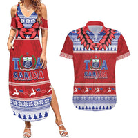 Personalised Toa Samoa Rugby Christmas Couples Matching Summer Maxi Dress and Hawaiian Shirt Ula Fala Samoan Pattern Red - Polynesian Pride