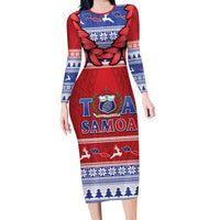 Personalised Toa Samoa Rugby Christmas Family Matching Long Sleeve Bodycon Dress and Hawaiian Shirt Ula Fala Samoan Pattern Red LT14 Mom's Dress Red - Polynesian Pride