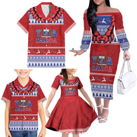 Personalised Toa Samoa Rugby Christmas Family Matching Off The Shoulder Long Sleeve Dress and Hawaiian Shirt Ula Fala Samoan Pattern Red - Polynesian Pride