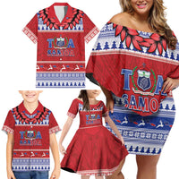 Personalised Toa Samoa Rugby Christmas Family Matching Off Shoulder Short Dress and Hawaiian Shirt Ula Fala Samoan Pattern Red - Polynesian Pride
