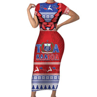 Personalised Toa Samoa Rugby Christmas Family Matching Short Sleeve Bodycon Dress and Hawaiian Shirt Ula Fala Samoan Pattern Red LT14 Mom's Dress Red - Polynesian Pride