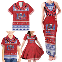 Personalised Toa Samoa Rugby Christmas Family Matching Tank Maxi Dress and Hawaiian Shirt Ula Fala Samoan Pattern Red - Polynesian Pride