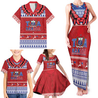 Personalised Toa Samoa Rugby Christmas Family Matching Tank Maxi Dress and Hawaiian Shirt Ula Fala Samoan Pattern Red - Polynesian Pride