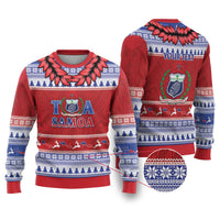 Personalised Toa Samoa Rugby Christmas Ugly Christmas Sweater Ula Fala Samoan Pattern Red - Polynesian Pride