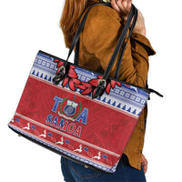 Toa Samoa Rugby Christmas Leather Tote Bag Ula Fala Samoan Pattern Red - Polynesian Pride